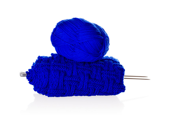 Blue knitting yarn with needlework - Foto, imagen