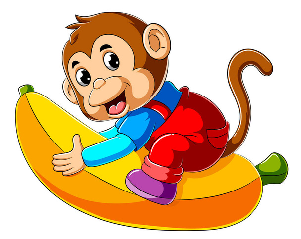 Мультяшна мавпа верхи великий банан
 - Вектор, зображення