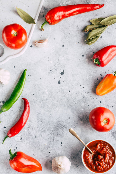 Adjika, baharatlı domates sosu, bir taş arka plan üzerinde sebze çerez - Fotoğraf, Görsel