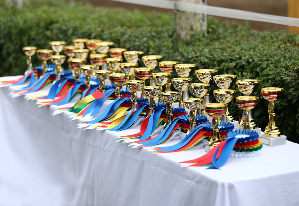 Piękne kolorowe nagrody na stole do zwycięzców Rack - Zdjęcie, obraz