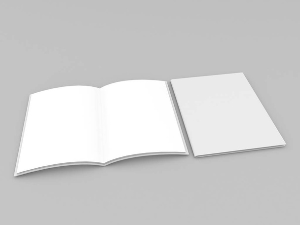 A szürke hátterű üres jegyzetfüzetek megnyitása és bezárása. 3D-s renderelés szemléltetése. - Fotó, kép
