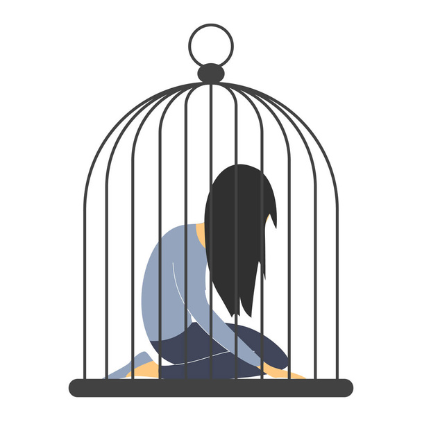 Sad woman in the cage. Man abuse woman - Vector, Image