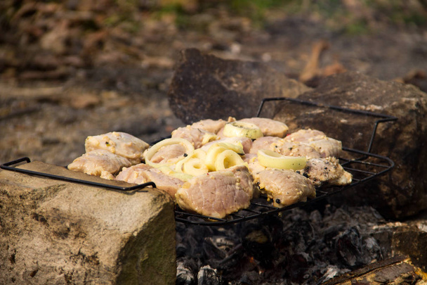 Gekruid rauw varkensvlees op grill outdoor. Voorbereiding van shish kebab. Gemarineerd vlees op houtskool - Foto, afbeelding