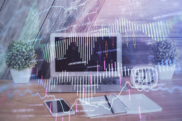 Double exposure of chart and financial info and work space with computer background. Concept of international online trading. - Photo, Image