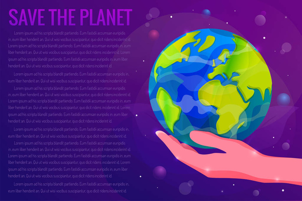 Salvare il concetto di pianeta Terra illustrazione vettoriale. Pianeta Terra su una mano umana
 - Vettoriali, immagini