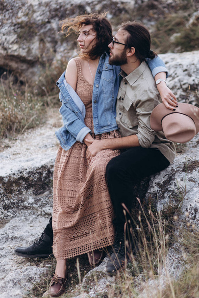 Boyfriend and Girlfriend hug each other in nature.  - Photo, Image
