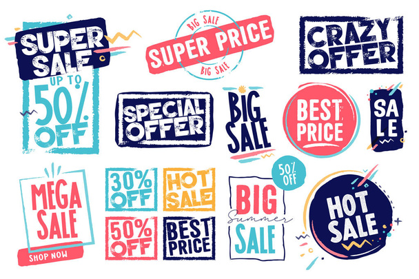 Set of labels and stickers for sale, product promotion, special offer, shopping, e-commerce. Isolated vector illustrations for web design and marketing material. - Vector, Imagen