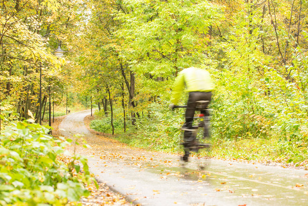 Ποδηλασία σε πολύχρωμο φθινοπωρινό πάρκο κατά τη διάρκεια της βροχής - Φωτογραφία, εικόνα
