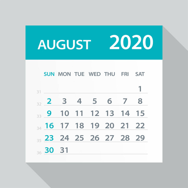 Agosto 2020 Hoja de calendario - Ilustración vectorial
 - Vector, Imagen