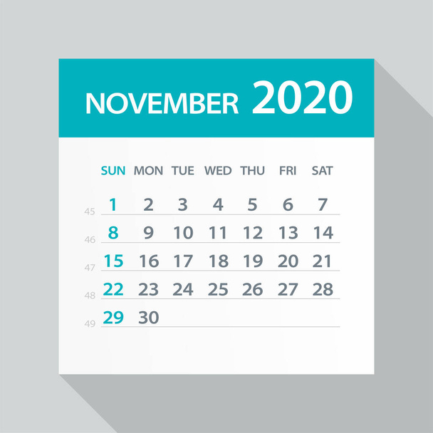 Noviembre 2020 Hoja de calendario - Ilustración vectorial
 - Vector, Imagen