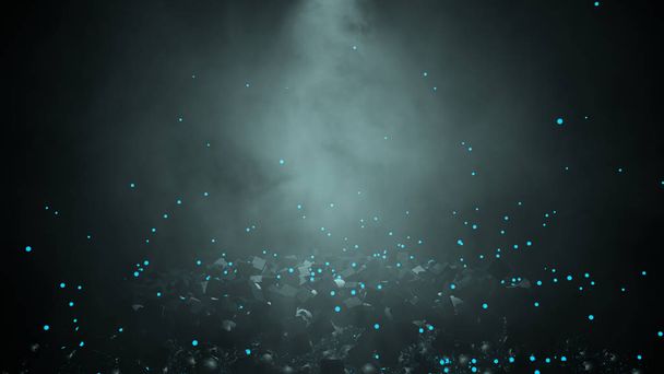 Vue d'une surface détruite avec les blocs salissants au milieu de l'obscurité éclairés par une lumière bleue avec du brouillard et des sphères bleues tombant sur fond noir. Illustration 3D
 - Photo, image