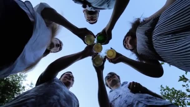 Spodní pohled: Skupina přátel cinkání pivními lahvemi a pití proti obloze na letní párty - Záběry, video