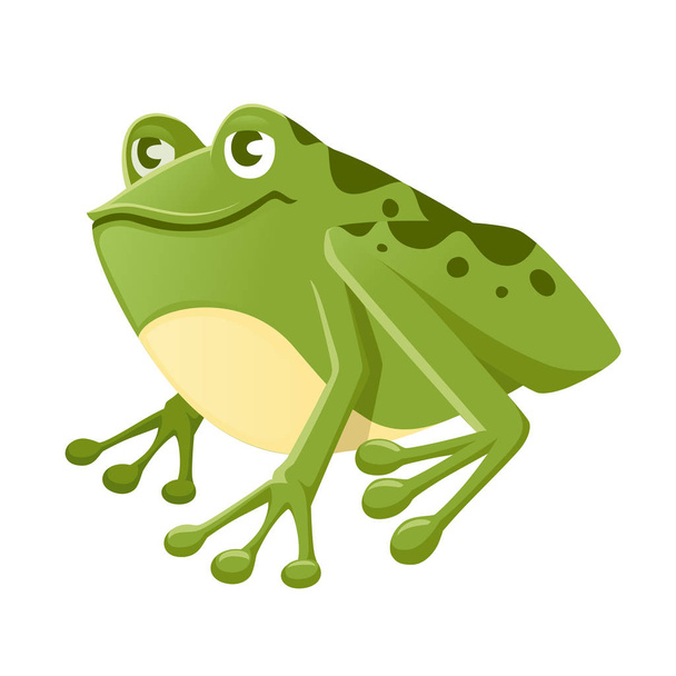 Cute uśmiechnięta zielona żaba siedzi na ziemi kreskówka zwierząt projekt płaski wektor ilustracja izolowane na białym tle - Wektor, obraz