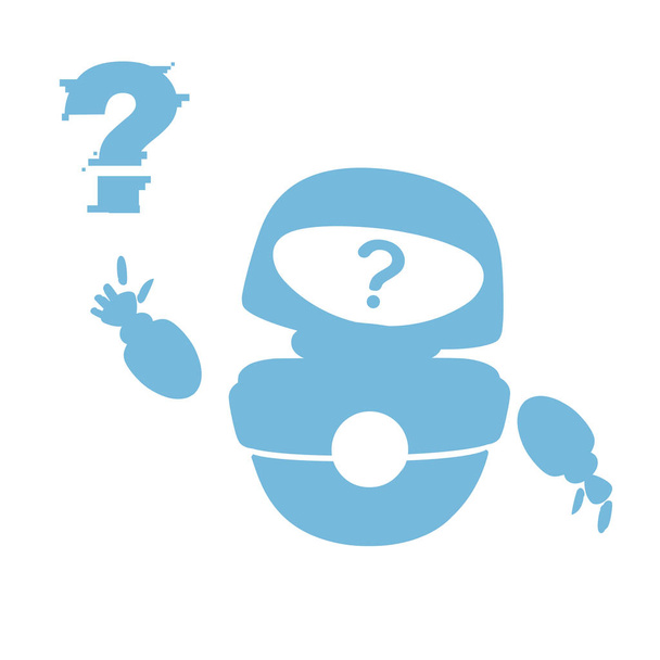 blaue Silhouette niedlich weiß modernen schwebenden Roboter winkt Hand und mit Fragezeichen Gesicht flache Vektorabbildung isoliert auf weißem Hintergrund - Vektor, Bild