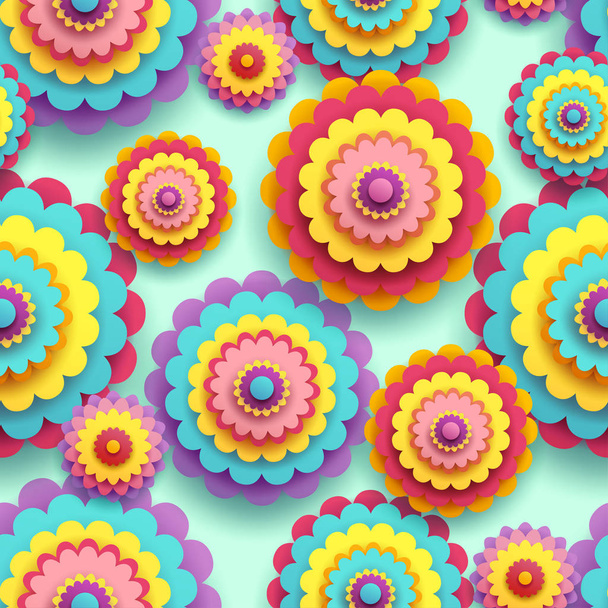 Seamless pattern with 3d colorful flowers chrysanthemums - Διάνυσμα, εικόνα
