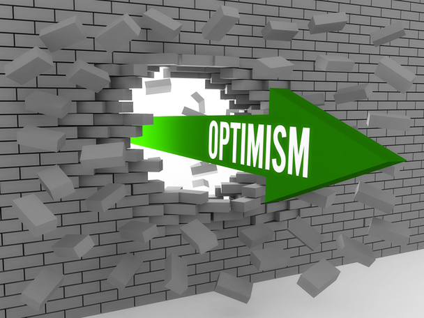 Arrow with word Optimism breaking brick wall. Concept 3D illustration. - Photo, Image