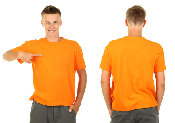 T-shirt on young man in front and behind isolated on white - Foto, Imagen