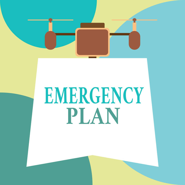 Conceptual hand writing showing Emergency Plan. Business photo showcasing procedures for handling sudden or unexpected situations Drone holding downwards banner. Geometrical design. - Photo, Image