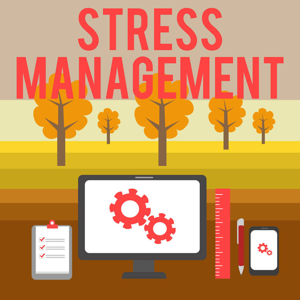 ストレス管理を示す概念的な手書き。ビジネスフォトは、ビジネスコンセプトPCモニターモバイルデバイスクリップボード定規を学ぶことによってストレスとその影響を制限する方法を紹介します. - 写真・画像