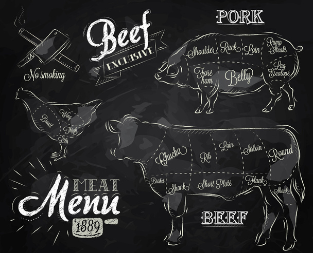 Menu for meat steak cow pig chicken divided into pieces of meat - Vector, Image