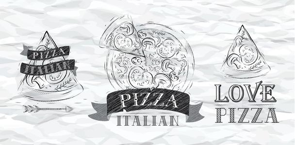 Pizzasymbol, Symbole und ein Stück Pizza - Vektor, Bild