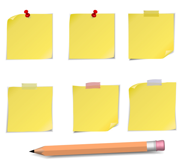 Notas adhesivas con alfiler, escocés y pensil aislados en blanco
 - Vector, Imagen