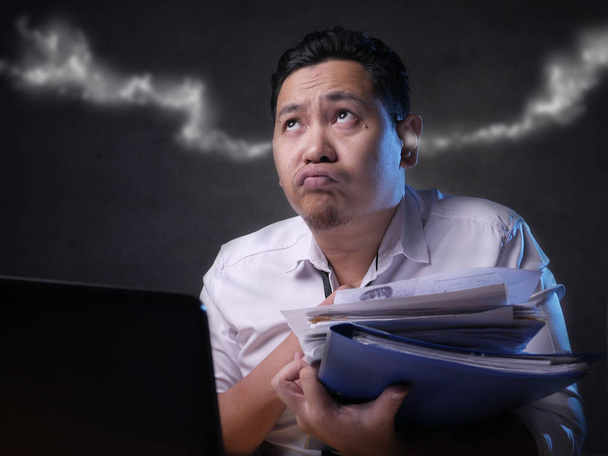 Tired Upset Man Working on Laptop , Bad Negative Emotion - Photo, Image