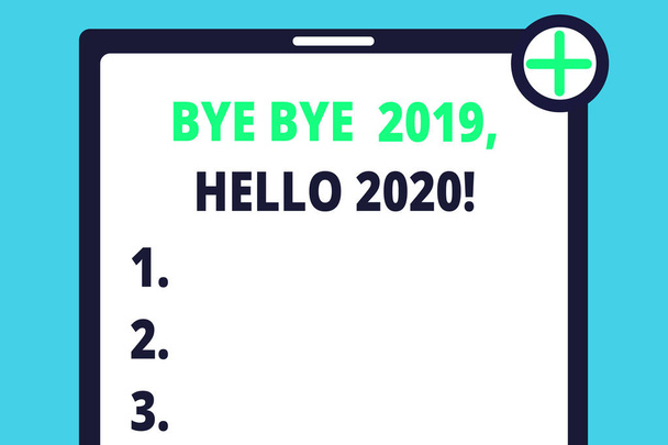 Kézírási szöveg írása bye bye 2019 Hello 2020. Fogalom jelentés mond viszlát-hoz tavaly és üdvözölve másik jó egy üres csipeszes írótábla érint képernyő tabletta mozgatható berendezés ellenőriz kör zöld ketyeg. - Fotó, kép