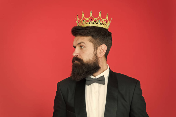 vip. Big boss. Formal event. King crown. Formal wear male fashion. Egoist. Businessman in tailored tuxedo and crown. Vip man in suit. Bearded man in tuxedo and bow tie at vip party. vip client - Photo, Image
