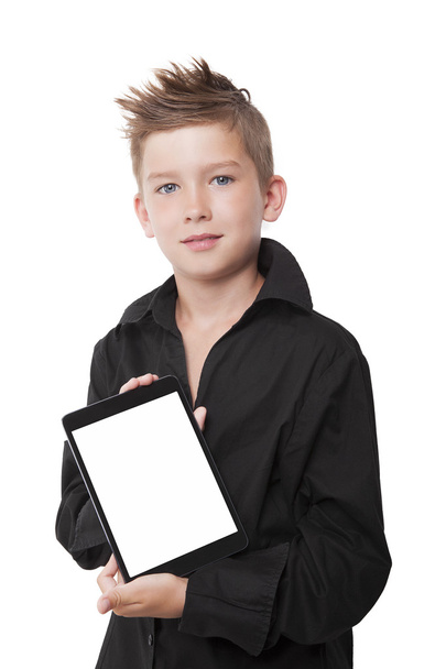 Charming boy showing tablet. - Foto, imagen