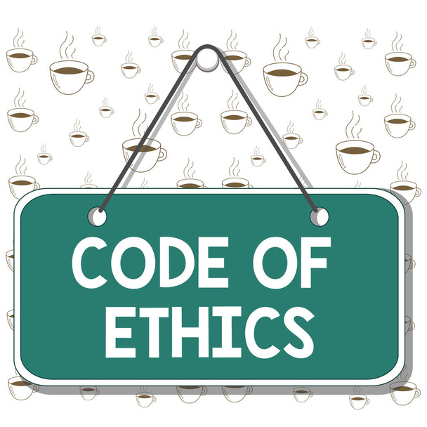 Writing note showing Code Of Ethics. Business photo showcasing basic guide for professional conduct and imposes duties Memo reminder empty board attached background rectangle. - Photo, Image