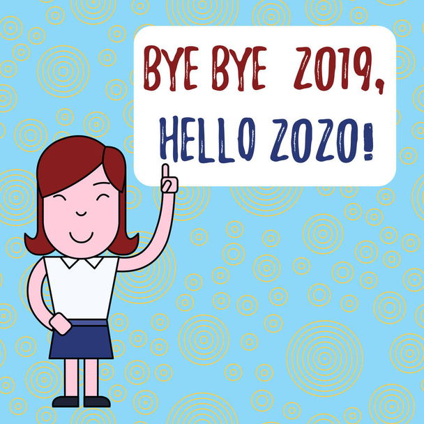 Szöveg jel mutatja bye bye 2019 Hello 2020. Fogalmi fénykép mondás viszlát-hoz tavaly és üdvözölve másik jó egy asszony álló-val emelt bal mutatóujj ujjal mutat-on üres szöveg doboz. - Fotó, kép