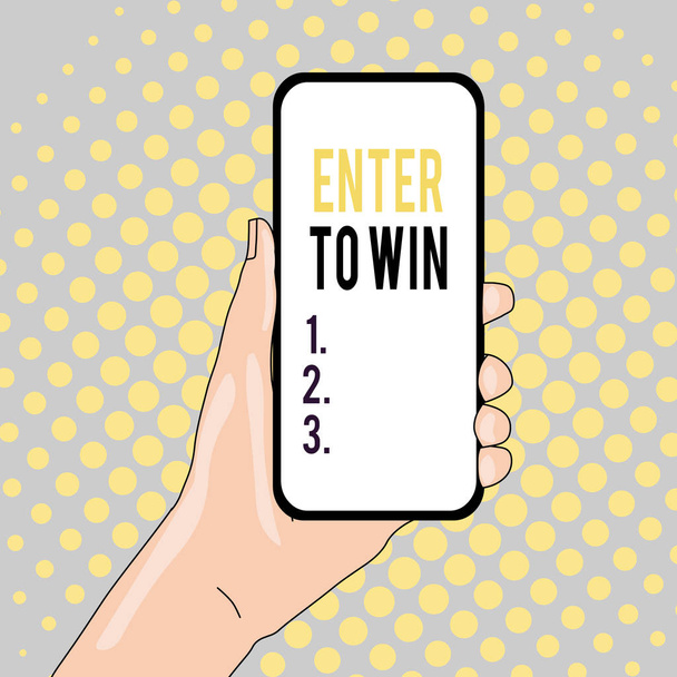 Enter To Win'i gösteren kavramsal el yazısı. İş fotoğrafı metin ödül veya El ve Metin Alanı Düzenlenen Smartphone Device Closeup kazanma şansı için bir değer alışverişi. - Fotoğraf, Görsel
