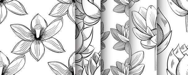 Lotus Lily water bloem naadloze patroon instellen in een vintage stijl - Vector, afbeelding