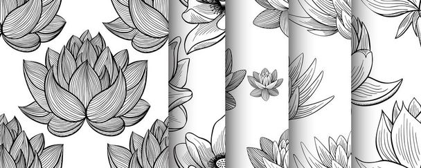 Lotus lily water flower seamless pattern set in a vintage style - Vector, Image