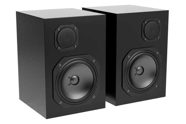 dois alto-falantes de áudio preto isolado no fundo branco
 - Foto, Imagem