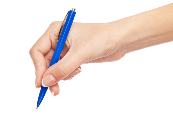Женщина держит ручку, изолированную на белом фоне
 - Фото, изображение