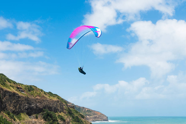 Spectacular View of Muriwai Beach, Auckland Area, North Island of New Zealand.  Muriwai is  a Popular Recreational area for Aucklanders. Paragliding, Sport, Vacation, Leisure Activity, Travel - Zdjęcie, obraz