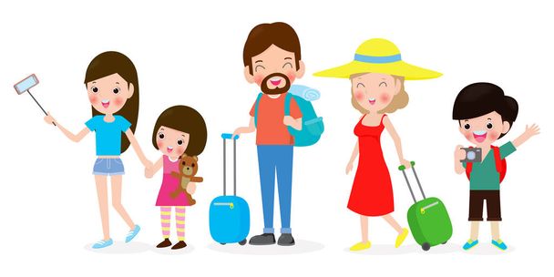 Conjunto de personas que viajan, Vacaciones familiares, Ilustración vectorial del día del turismo aislado sobre fondo blanco
 - Vector, imagen