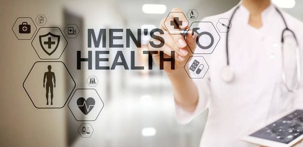 Mens Health banner, medical and health care concept on screen. Doctor with stethoscope. - Photo, Image
