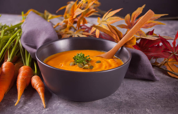 Healthy eating carrot cream soup. Vegetarian vegetables soup. - Fotografie, Obrázek