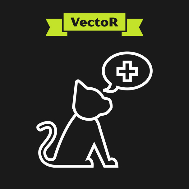 Witte lijn veterinaire kliniek symbool pictogram geïsoleerd op zwarte achtergrond. Cross met Cat veterinaire zorg. Huisdier eerste hulp teken. Vector illustratie - Vector, afbeelding