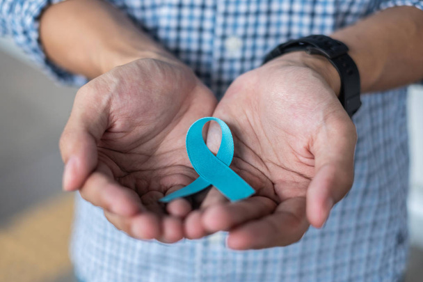November Prostate Cancer Awareness month, Man in blue shirt with - Foto, imagen