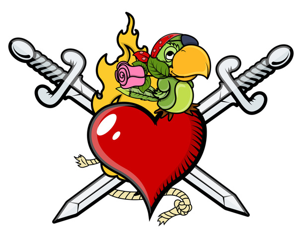 Crossed Swords Heart Valentine Pirates Tattoo - Vector Cartoon Illustration - Vector, Image