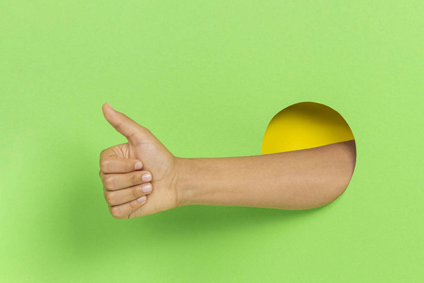Hand through hole in green background keeps thumb up, demonstrates approval sign showing like gesture - Photo, Image