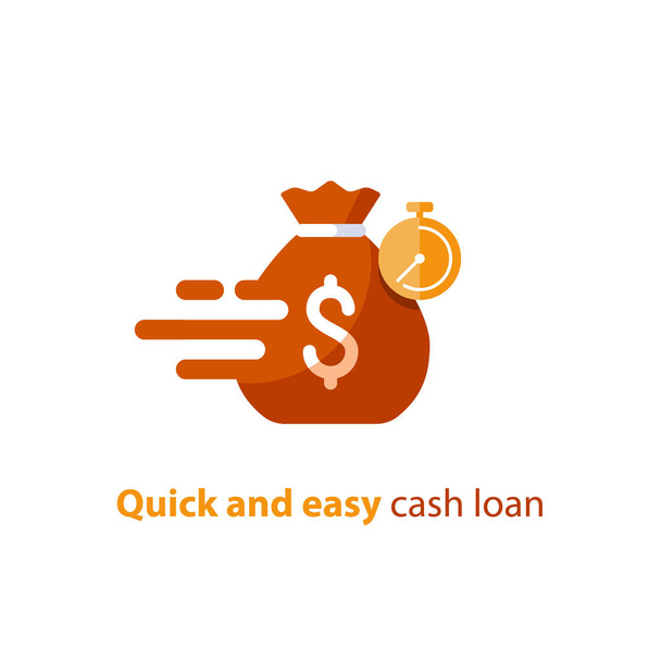 Snel lening snel geld, financiële diensten, tijdige betaling, stopwatch en geld zak, vector pictogram - Vector, afbeelding