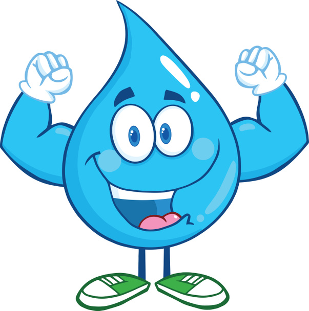Wassertropfen Cartoon-Figur zeigt Muskelarme - Foto, Bild