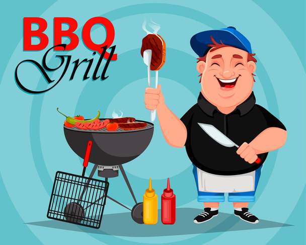 BBQ. Young cheerful man cooks grilled meat - Vector, Image