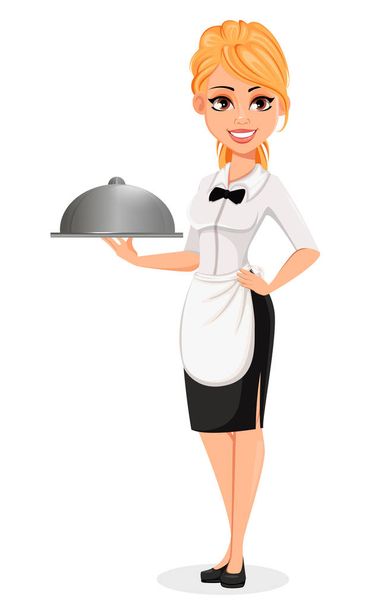 Χαρούμενη ξανθιά σερβιτόρα κρατά θολωτό δίσκο - Διάνυσμα, εικόνα