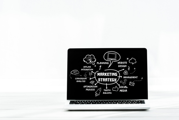 laptop ze strategią marketingową napis na ekranie na białym  - Zdjęcie, obraz